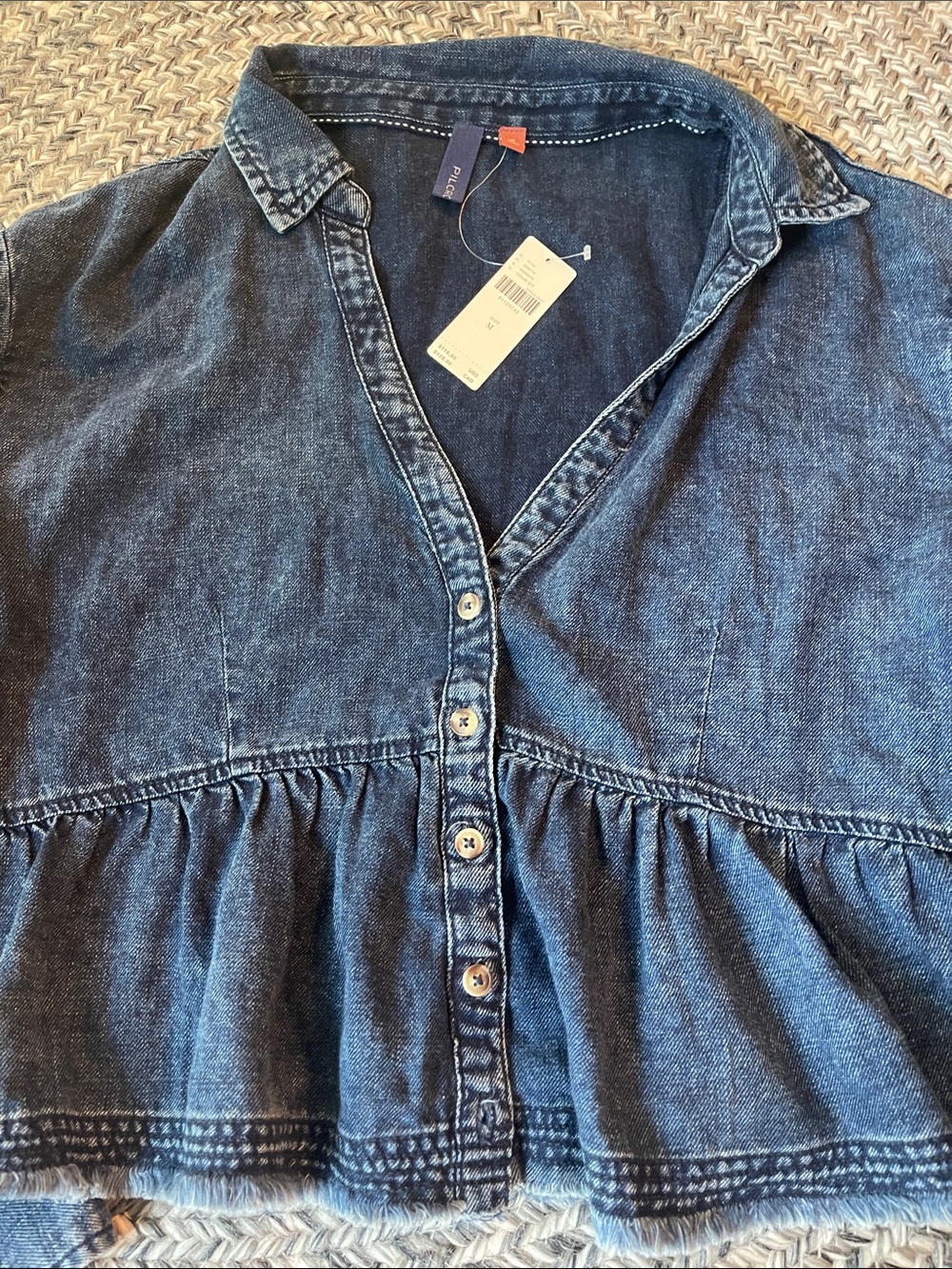 Anthropologie Dark Blue Denim Peplum Button-Down Shirt - Picture 4 of 7